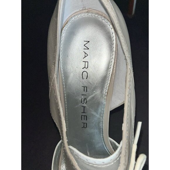Marc Fisher Leather Pep Toe 4" Heels Lace Up Shoes Open Sides Tan White Sz 7.5 - Picture 6 of 9